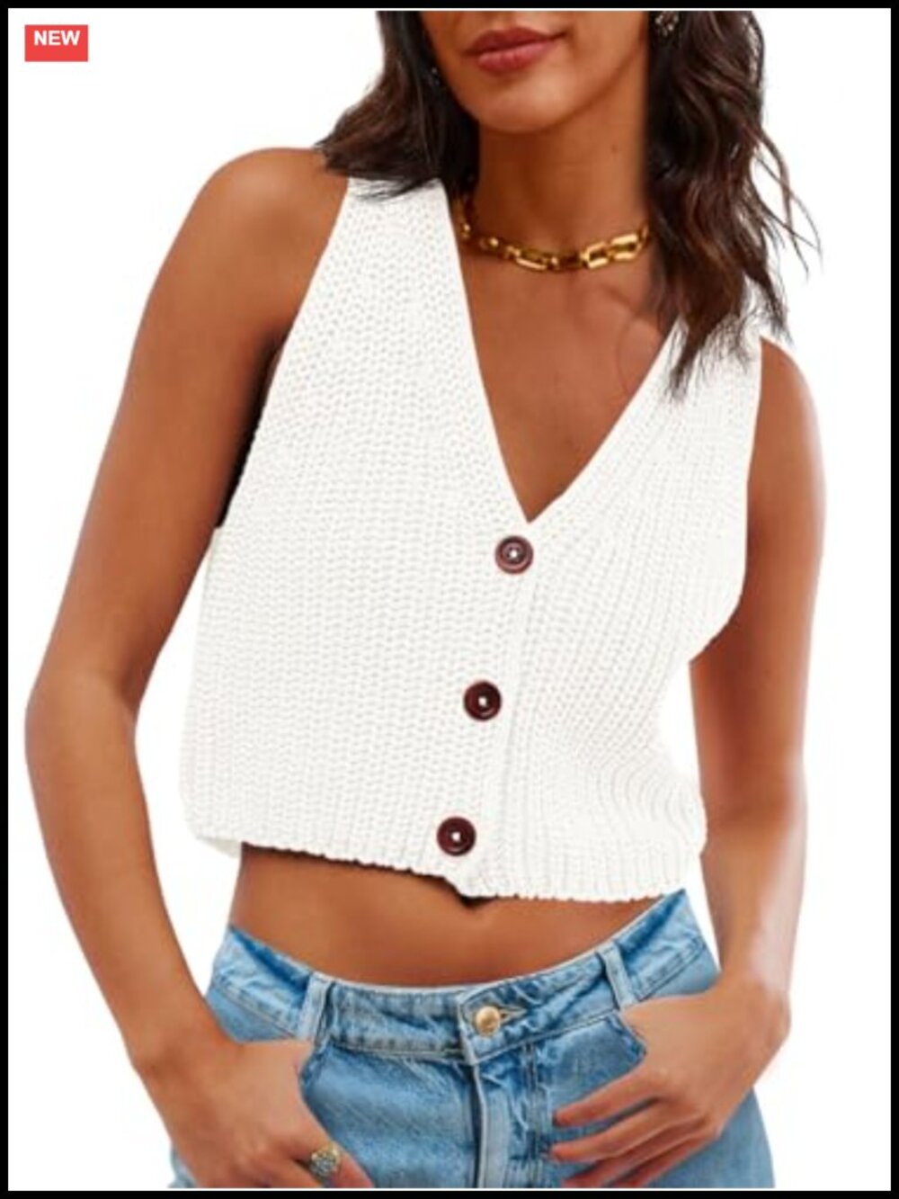 Women's Cropped Sweater Vest V-Neck Button Down Sleeveless Chunky Knit Tank Top